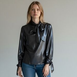 Chic Black Satin Blouse with Bow Detail